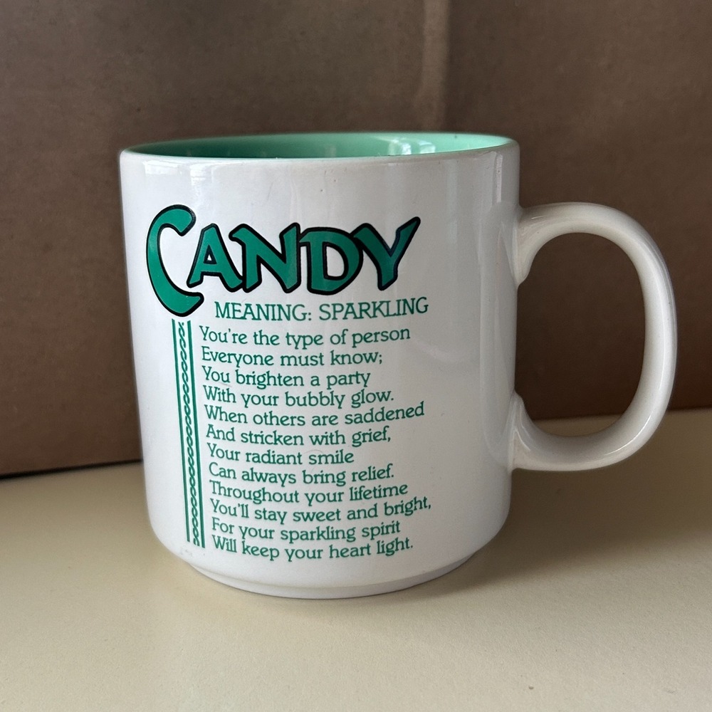 VINTAGE Papel Candy Name Meaning Coffee Mug Cup Marci G. Korea Tea Sparkling